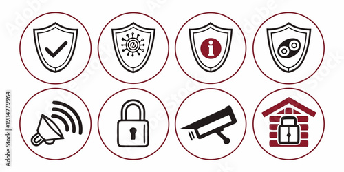 Digital security and data protection icons set with security protection internet technology information surveillance encrypted software monitoring cybersecurity database communication