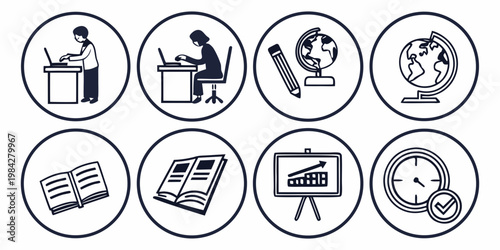 Business work and educational icons set showing computer tasks and presentation planning with business education computer presentation planning management analysis deadline research strategy