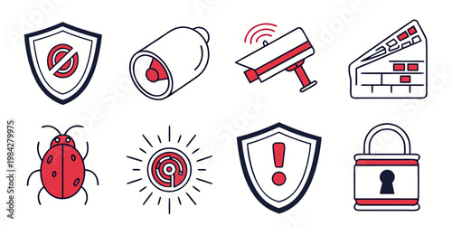 Cyber security and digital threat icons collection with security protection surveillance technology exclamation monitoring encrypted internet software authentication verification database
