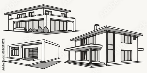 Set of modern architectural house exterior designs with architecture building residential exterior illustration blueprint construction property dwelling structure contemporary minimalist