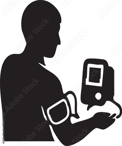 Patient Using Connected Blood Pressure Monitor Vector Silhouette Illustration