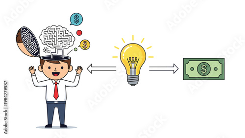 A man's innovative brain generates ideas that flow to a lightbulb, then convert into a dollar bill, symbolizing idea monetization and profit.