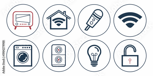 Smart home appliance and wireless connectivity icons collection with washing machine smart device appliance connectivity technology television microphone automation wireless connected