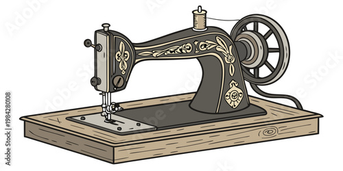 Vintage manual sewing machine illustration on a wooden base with needlework clothing stitching domestic illustration creative tailoring equipment craftsmanship seamstress handicraft