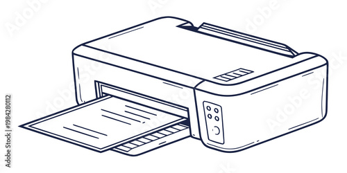 Outline drawing of a computer printer with technology document equipment hardware printing business stationery peripheral cartridge administration professional corporate workplace