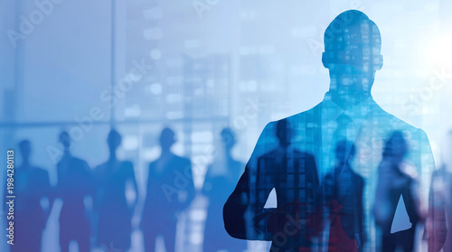 Abstract business leader silhouette stands prominently in a blue modern corporate environment with a team