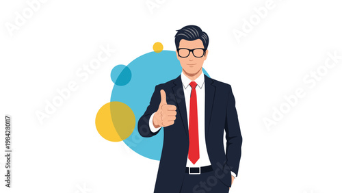 A confident businessman in a suit and glasses smiles, giving a clear thumbs-up, symbolizing approval, success, and positive affirmation.