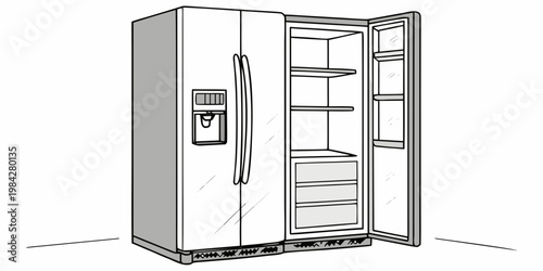 Line art illustration of a large side by side refrigerator with open door refrigerator appliance household equipment illustration dispenser technology lifestyle interior preservation