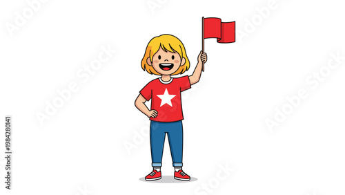 A cheerful blonde girl, wearing a red star t-shirt, proudly waves a small red flag, symbolizing patriotism, celebration, and youthful joy.