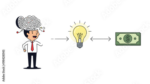 A man's innovative brain generates ideas that flow to a lightbulb, then convert into a dollar bill, symbolizing idea monetization and profit.