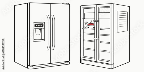 Line art drawing of two refrigerators including one with food inside refrigerator appliance household equipment illustration vegetables dispenser technology lifestyle interior preservation