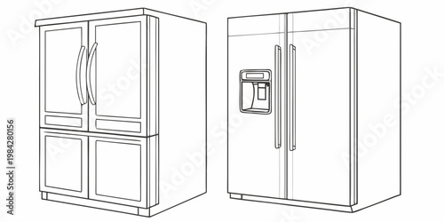 Graphic line art of a french door refrigerator and a side by side model with refrigerator appliance household equipment illustration dispenser technology lifestyle interior preservation
