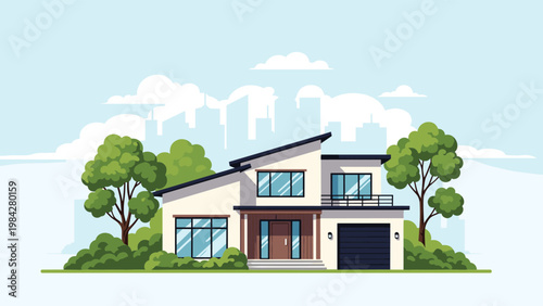 A contemporary cream-colored house with a sleek slanted roof and a spacious garage, nestled amidst green trees and a distant city skyline.