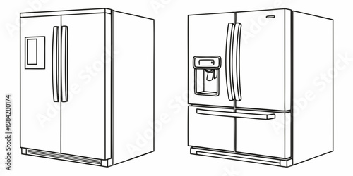 Set of two different modern refrigerator styles line art icons with refrigerator appliance household equipment illustration dispenser technology lifestyle interior preservation maintenance