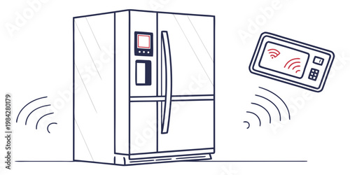 Smart refrigerator with wireless connectivity signal illustration smart home line art refrigerator appliance wireless connectivity technology automation connected internet electronics