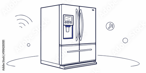 Smart home appliance refrigerator with wifi signal icon line art refrigerator technology appliance connectivity automation internet connected electronics household equipment networking