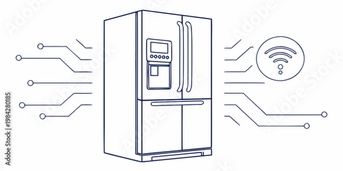 Connected smart home refrigerator concept with network signal line art refrigerator technology connectivity appliance automation internet connected electronics household equipment isolated