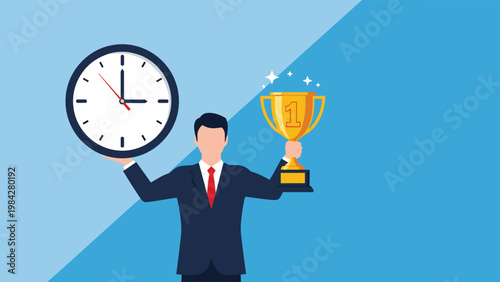 A businessman proudly holds a clock and a gleaming gold trophy, symbolizing the direct correlation between efficient time and ultimate success.