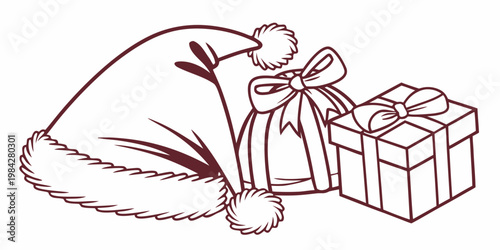 Christmas hat and gift boxes line art illustration for seasonal holiday design with christmas celebration decoration greeting illustration celebrate surprise wintertime december occasion