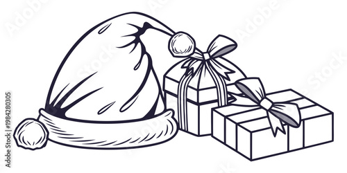 Christmas holiday theme with santa hat and gift boxes in line art style christmas celebration decoration greeting illustration celebrate surprise wintertime december occasion traditional