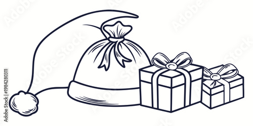 Santa claus hat and christmas gift bags vector line graphic with christmas presents celebration illustration isolated background decoration surprise monochrome vectorial resource