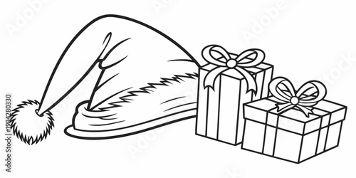 Christmas santa hat and wrapped gift boxes vector illustration with christmas presents celebration illustration isolated background packages decoration surprise monochrome vectorial