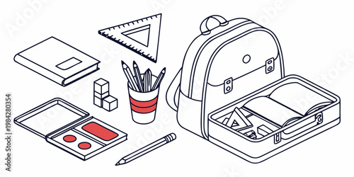 Open school backpack with books and stationery set in isometric line art backpack schoolbag education supplies stationery notebook isometric learning classroom equipment organizer material