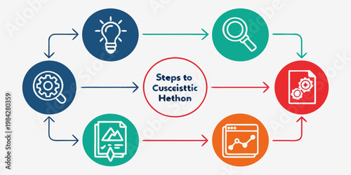 Scientific process workflow diagram with icons and steps workflow research analysis methodology innovation knowledge strategy development planning business investigation management