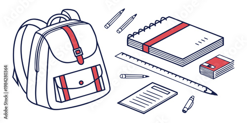 Isometric back to school schoolbag with notebooks and stationery supplies backpack schoolbag stationery notebook education isometric supplies academic learning classroom equipment material