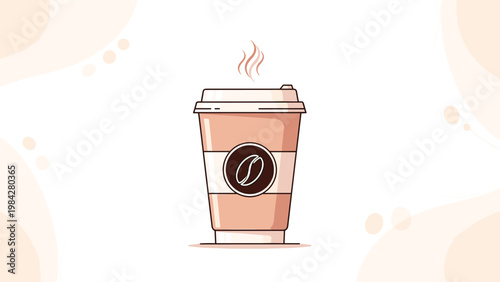 A steaming disposable coffee cup, adorned with a classic coffee bean logo, represents a refreshing break and vital energy.