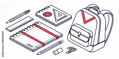 Isometric school backpack with writing stationery and notebook collection backpack schoolbag stationery notebook education supplies learning isometric classroom equipment organizer