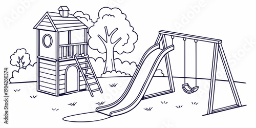 Children playground equipment with wooden playhouse and slide in line art playground playhouse children recreation activity structure childhood backyard isometric illustration equipment
