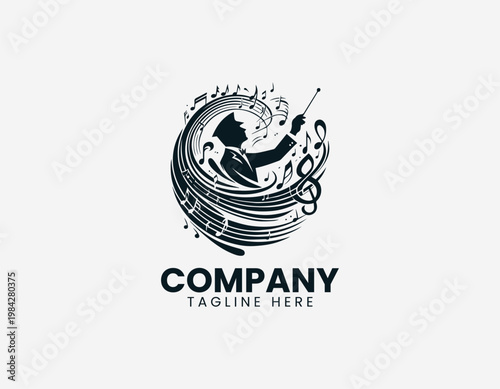 Music conductor silhouette with flowing notes is illustrated in bold elegant black vector logo style on white background