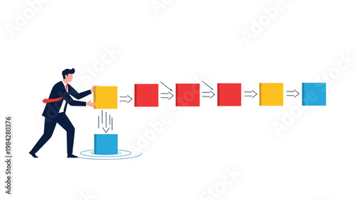 A strategic businessman actively engages in process improvement, carefully swapping and arranging colorful blocks in a logical sequence.