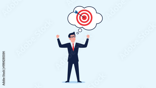 A jubilant businessman with arms raised looks at a thought bubble with a bullseye target, symbolizing achieved goals and clear vision.