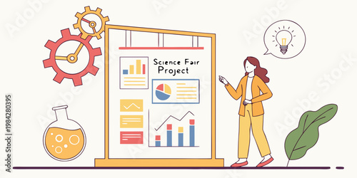 Student presenting science fair project with charts and gears presentation education research experiment innovation learning analysis academic knowledge discovery laboratory chemistry