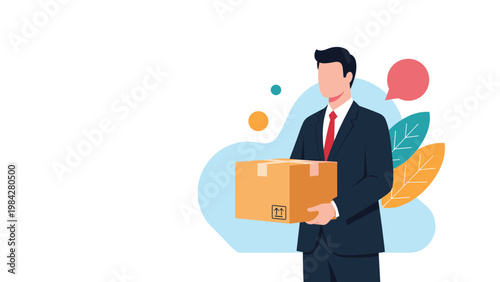 A confident businessman holds a cardboard box, symbolizing efficient delivery, reliable logistics, and successful commerce operations.