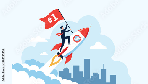 A triumphant businessman proudly holds a number one flag while riding a soaring rocket above a city, symbolizing startup success and rapid growth.