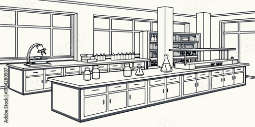 Empty academic laboratory room with workbenches and microscopes laboratory research chemistry microscope academic university education interior equipment facility scientific analysis