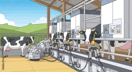 Vibrant cartoon illustration of an automated dairy farm, featuring happy cows being milked by modern machinery in a clean, efficient setting