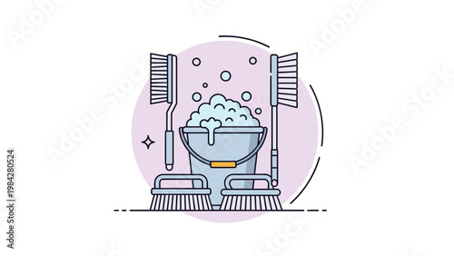 A bucket filled with bubbly soapy water, surrounded by an assortment of cleaning brushes, symbolizes thorough hygiene and household chores.