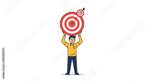 A triumphant man confidently holds a bullseye target with an arrow, symbolizing precise goal achievement and clear vision.