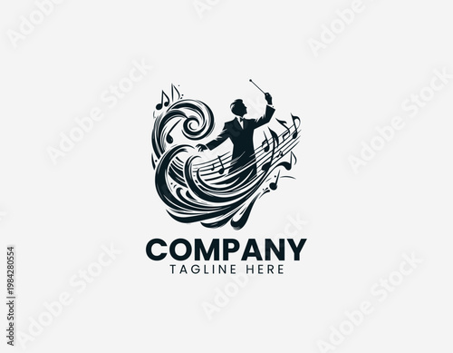 Music conductor silhouette with flowing notes is illustrated in bold elegant black vector logo style on white background