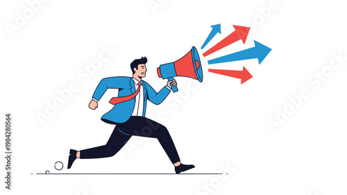 A dynamic businessman runs with a megaphone, projecting red and blue arrows, symbolizing aggressive marketing and effective communication.
