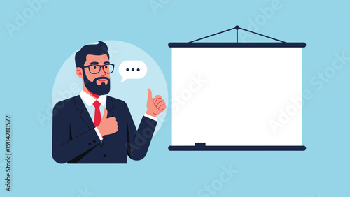A confident bearded businessman in glasses gives a thumbs-up next to a blank projection screen, symbolizing approval and clear communication.