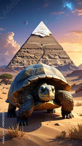 Pyramid and turtle large reptile faces camera, desert backdrop, snow-capped monument, surreal scene