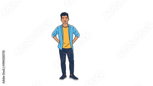Happy young man in casual clothes standing confidently with his hands on his hips, smiling broadly and exuding a relaxed and approachable demeanor.