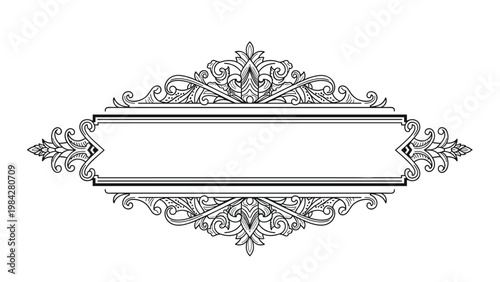 Elegant and elaborate black-and-white decorative horizontal frame with intricate swirls and floral patterns, ideal for certificates, invitations, or artistic design elements.