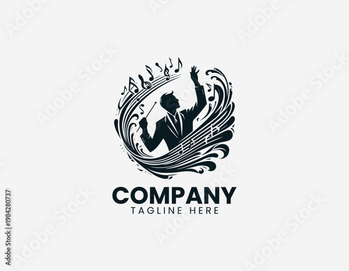 Music conductor silhouette with flowing notes is illustrated in bold elegant black vector logo style on white background