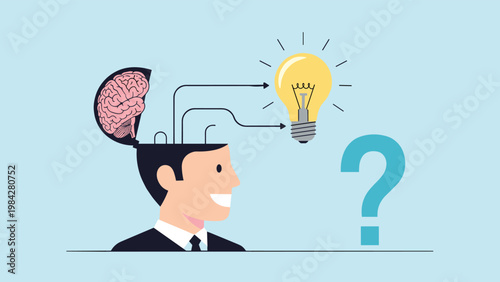 Creative illustration of a man's head with an open brain connecting to a lightbulb, surrounded by a large question mark, symbolizing problem-solving, ideas, and intellectual inquiry.